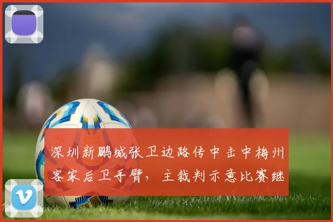 深圳新鹏城张卫边路传中击中梅州客家后卫手臂,主裁判示意比赛继续引发新鹏城教练组冲入场内